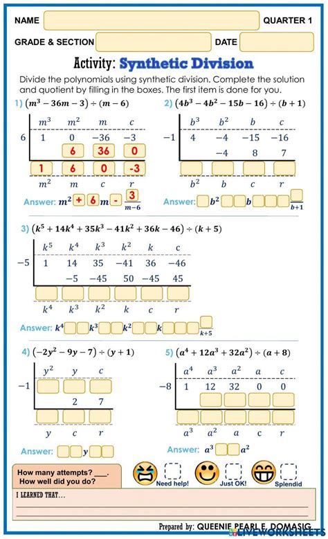 Synthetic Division Worksheet Answers Kayra Excel