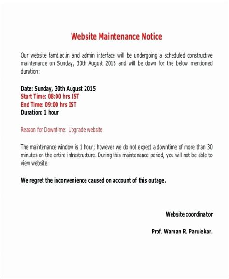 System Downtime Notification Template Letter Example Template