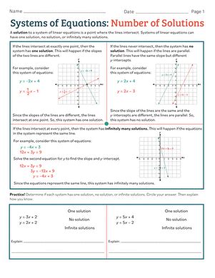 Systems Of Equations Number Of Solutions Worksheet