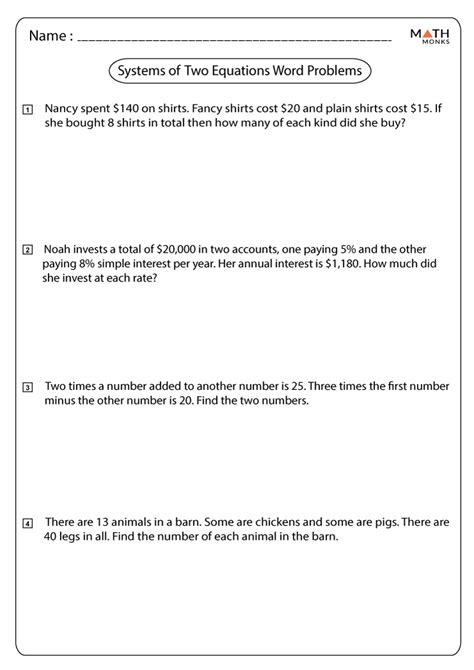 Systems Of Equations Word Problems Worksheet Algebra 1