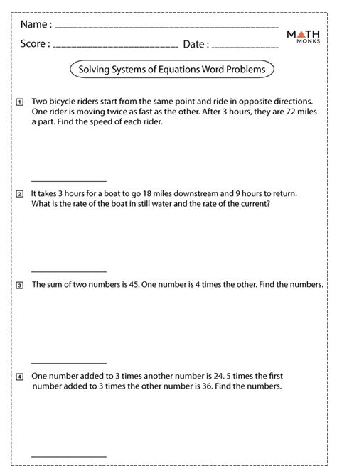 Systems Of Equations Worksheet Word Problems Printable Computer Tools