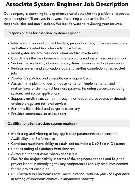 Systems engineer job description. 2 days ago · Electrical Engineer job description. An Electrical Engineer is a skilled professional specializing in the design and development of electricity-related products, such as power systems and household appliances. They collaborate with electronics and transmission & distribution engineering fields to create essential … 