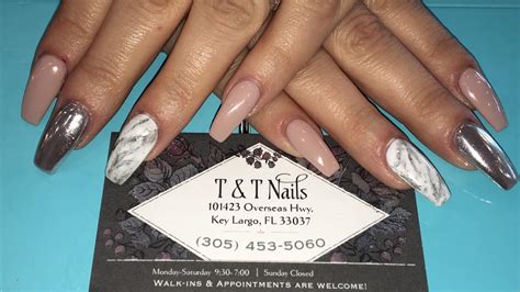 T & T Nails Nail Salon · $$. 3.5 68 reviews on. Phone: (305) 453-5060. Cross Streets: Near the intersection of Overseas Hwy and Tarpon Basin Dr. Closed Now. Sun. Closed. 101423 Overseas Hwy Key Largo, FL 33037 808.21 mi.. 