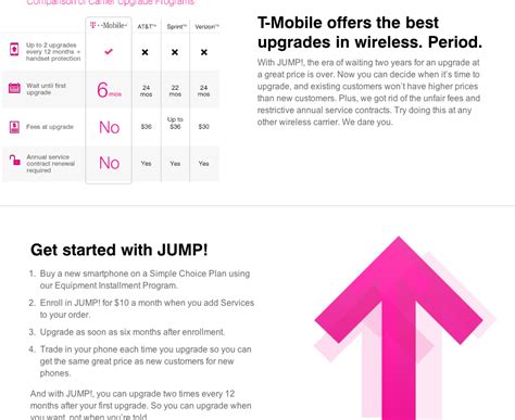 T mobile jump upgrade. When you wait 12 months to upgrade, you’ll save about $400 on T-Mobile using Jump compared to buying each new phone at full cost on a traditional plan. With AT&T, you’ll save close to $470. On ... 