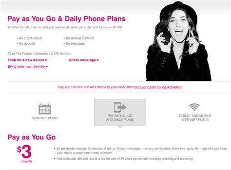 T mobile pay as you go dollar3 per month. Free. $30. Not Applicable. Two data-capped plans and two unlimited plans are available, starting at $30 per month for a single line with 2 GB of data. The price increases from $10 per month for ... 