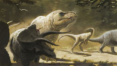 T. rex attacking Triceratops with another family member watching.