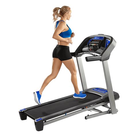 T101 treadmill. 20″ x 55″ running surface. 2.5 CHP motor. Bluetooth speakers. USB charging port. QuickDial speed/incline controls. Cooling fan. Quick touch speed/incline buttons. 300 lb weight capacity. Folding frame. Low step … 