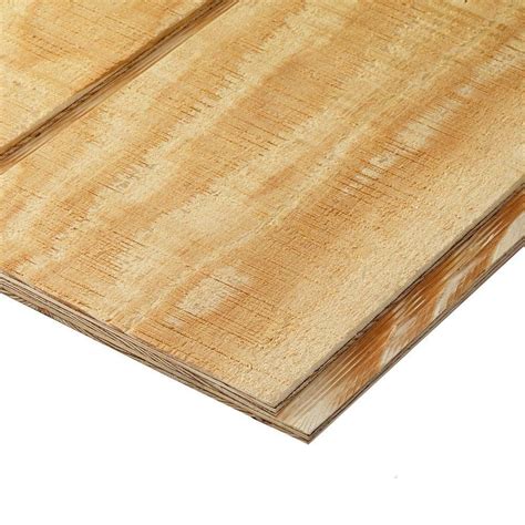Home. / Lumber & Composites. / Plywood. / Sheathing Plywood. Plywood Siding Panel T1-11 8 IN OC (Common: 5/8 in. x 4 ft. x 10 ft.; Actual: 0.593 in. x 48 in. x 120 in.) 28. (1) …