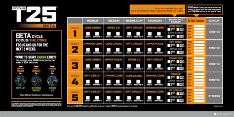 Download or Print the Focus T25 Workout Calendars. Focus T25 / 16 Comments / 2 minutes of reading. The Focus T25 workout schedule is very simple - you workout five days a week for 25 minutes a day. Alpha and Beta Phase - …. Read More ».. 