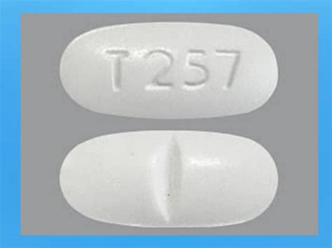 T257 dosage. T257 OVAL WHITE. HOW SUPPLIED HYDROCODONE BITARTRATE AND ACETAMINOPHEN Tablets, USP are supplied as 2.5 mg/325 mg containing 2.5 mg hydrocodone bitartrate and 325 mg acetaminophen. Off white / white capsule shape d tablet debossed ‘T 256’ on one side and plain on other side. NDC 31722-940-01, Bottles of 100 … 