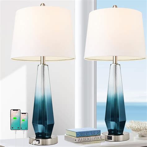 Table Lamps Set of 2 with Vertical Grained Glass, Teal Bedside Table ... - balustradellc