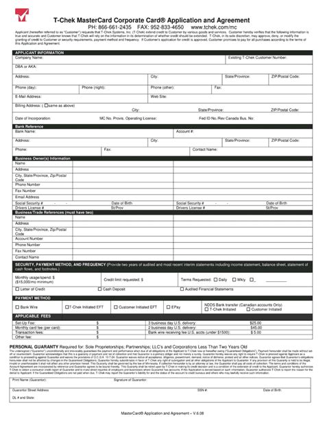 TCheck MasterCard Corporate Card Application and Agreement Form 2008