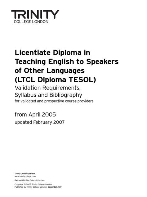 TESOL LTCL Diploma 2017 Validation Requirements Syllabus and Bibliography