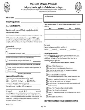 TEXAS DRIVER RESPONSIBILITY PROGRAM Indigency Incentive Fill and Sign Printable Template