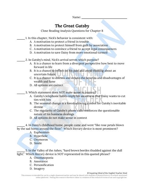 THE GREAT GATSBY Chapter 8 Reading Guide for Comprehension and Analysis