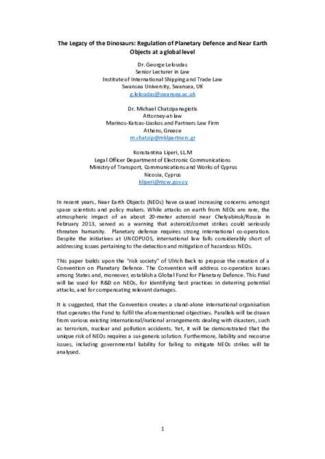 The Legacy of the Dinosaurs: Regulation of Planetary Defence and Near ... - wintechmobiles.com