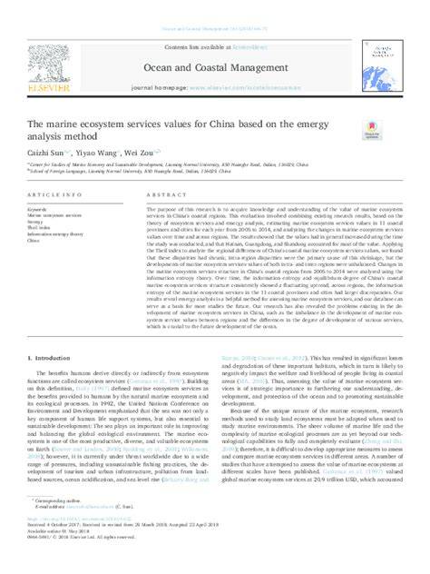 The marine ecosystem services values for China based on the emergy ... - raincitystudios.com