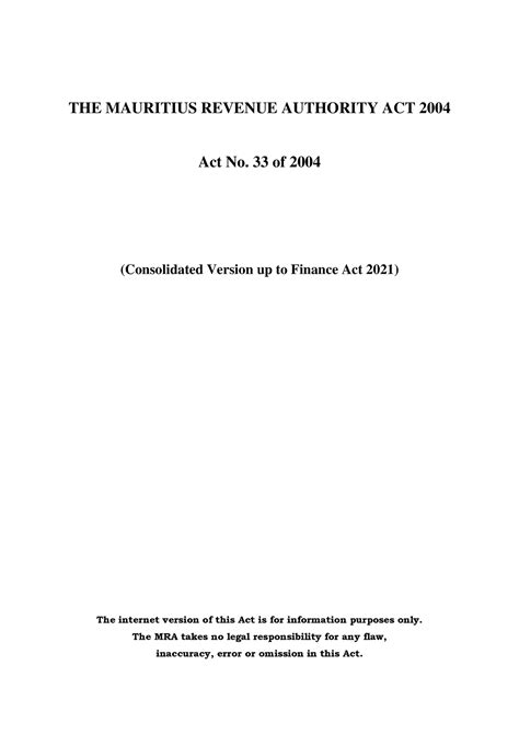 THE MAURITIUS REVENUE AUTHORITY ACT 2004 Act 33/2004