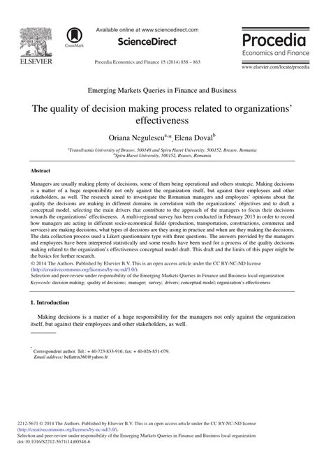 The Quality of Decision Making Process Related to Organizations ... - balustradellc