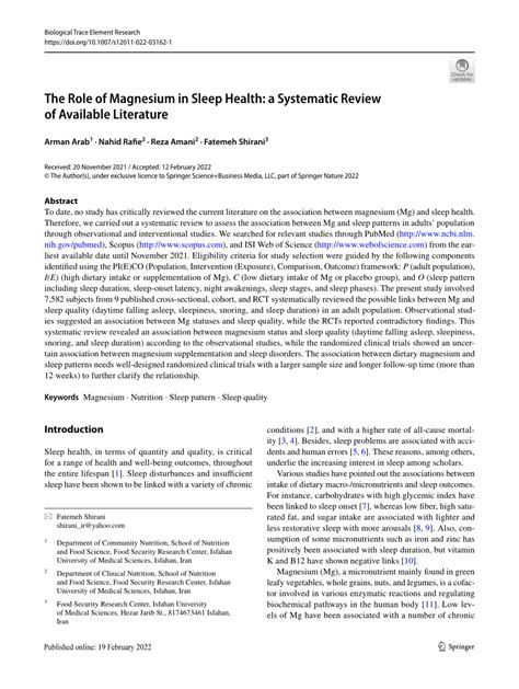 The Role of Magnesium in Sleep Health: a Systematic … - balustradellc