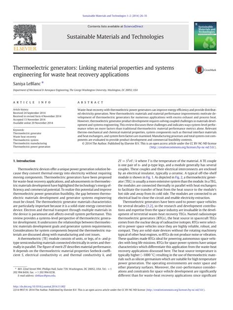 Thermoelectric generators: Linking material properties and systems ... - wintechmobiles.com