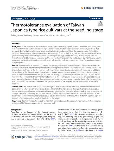 Thermotolerance evaluation of Taiwan Japonica type rice cultivars at ... - raincitystudios.com