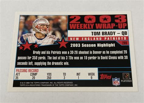 TOM BRADY 2004 TOPPS COLLECTION 2003 WEEKLY WRAP UP …