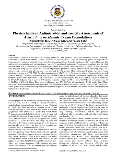 Toxicity Evaluation of Anacardium occidentale, the Potential ... - raincitystudios.com