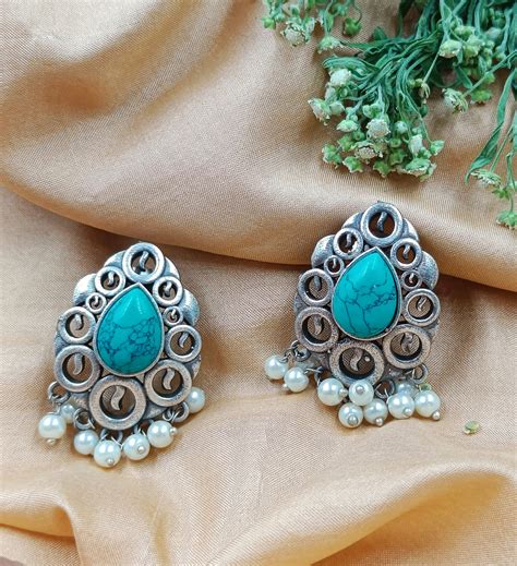 Traditional Turquoise Stone Stud Earrings Womens Alloy Oxidized Silver ... - balustradellc
