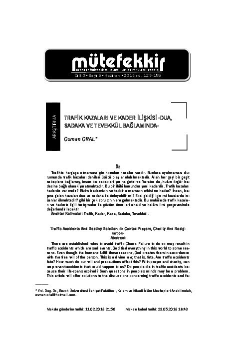 TRAFİK KAZALARI VE KADER İLİŞKİSİ A SADAKA VE TEVEKKÜL .
