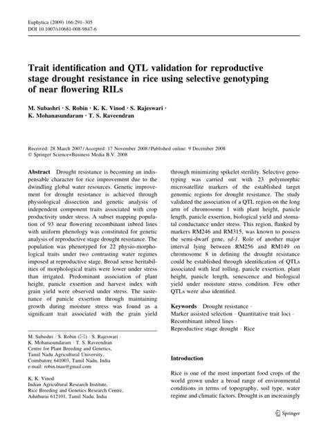 Trait identiﬁcation and QTL validation for reproductive stage drought ... - raincitystudios.com