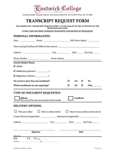 TRANSCRIPT REQUEST FORM - Eastwick