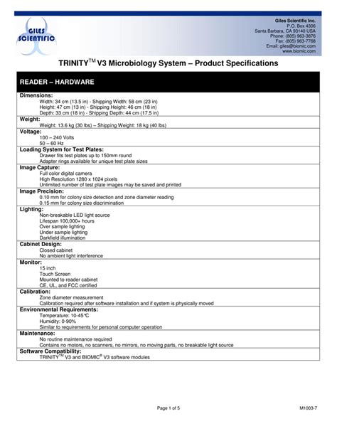 TRINITY V3 Microbiology System – Product Specifications