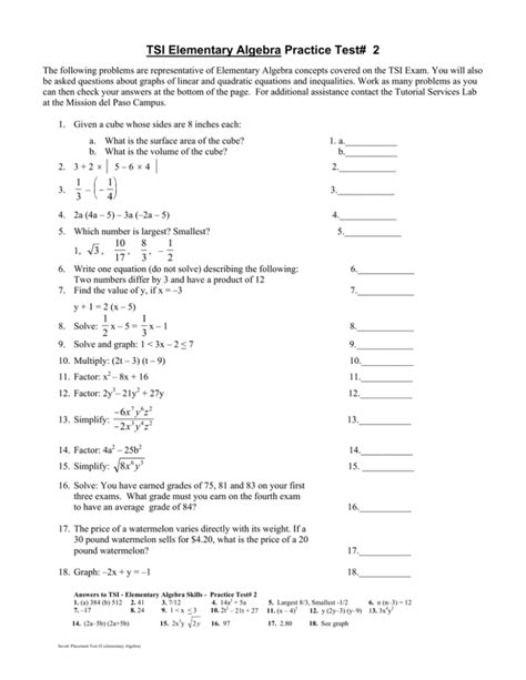 TSI Elementary Algebra Practice Test 2