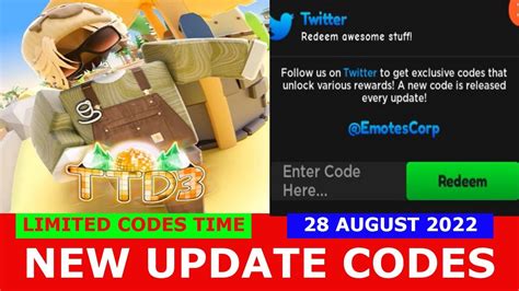 TTD 3 codes in Roblox Free tokens August 2022 