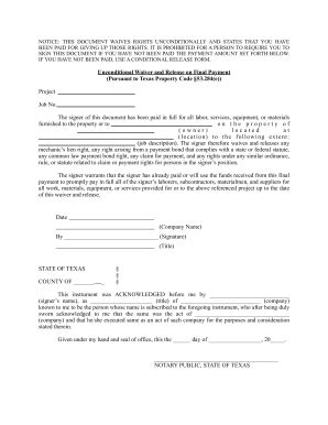 TX Unconditional Waiver and Release on Final Payment Fill and Sign