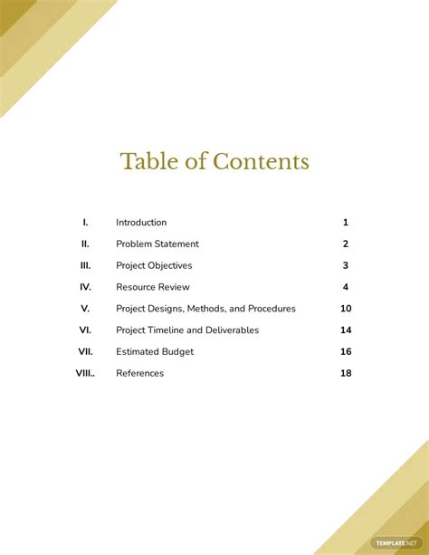 Table of contents for project sample pdf