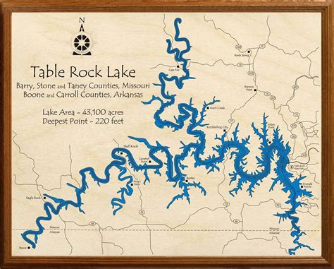Table Rock Lake was completed in 1958 on the White River in southwestern Missouri and northwestern Arkansas for flood control, hydroelectric power, public water supply, and recreation. The surface area of Table Rock Lake is about 42,400 acres, and about 715 miles of shoreline are at the conservation pool level (915 feet …. 