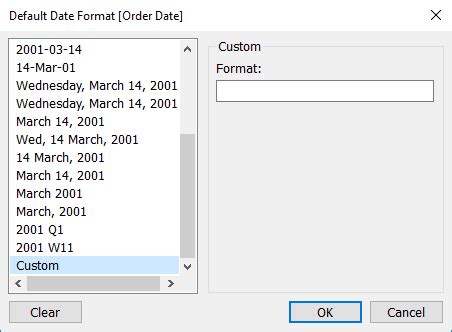 Tableau format axis label.  The date formats in the table are supported when your workbook i...