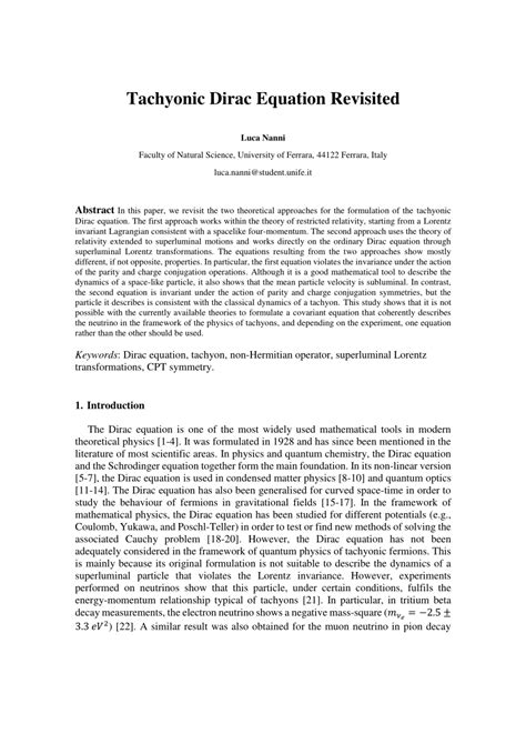 Tachyonic Dirac Equation Revisited - Preprints