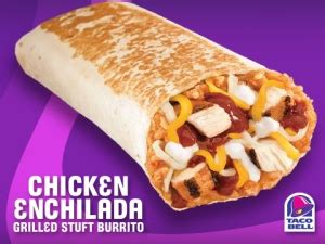 Taco bell chicken enchilada burrito. Pour 2 tablespoons of enchilada sauce over the enchirito. Top the enchirito with ¼ cup shredded cheese (use more or less as desired). Microwave the enchirito until the cheese is melted, about 1 minute. Repeat assembly and heating steps with the remaining 5 enchiritos. Serve immediately while hot. 