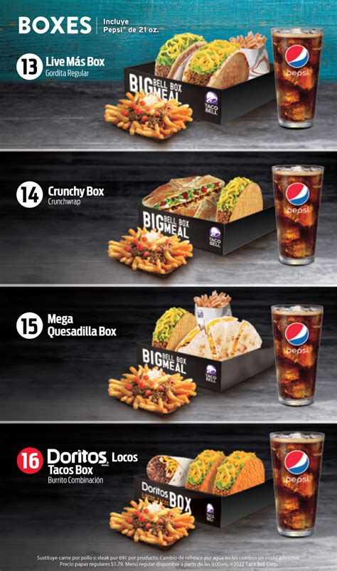 Taco bell menu pr. What are the Taco Bell menu prices near me? Taco Bell has menu item prices between $1.48 and $26.44. Menu items range from lowest priced item Crunchy Taco to highest priced item Mega Bell Pack. The price range of the menu of Taco Bell at the store generally varies between: $1.48 - $26.44 