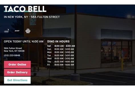Taco bell weekend hours. Sodium content higher than daily recommended limit (2,300 mg). High sodium intake can increase blood pressure and risk of heart disease and stroke. Grab a Doritos Locos Tacos or other favorites at Taco Bell today. Order and pay ahead online or through the app and roll through our drive-thru to pick it up. 