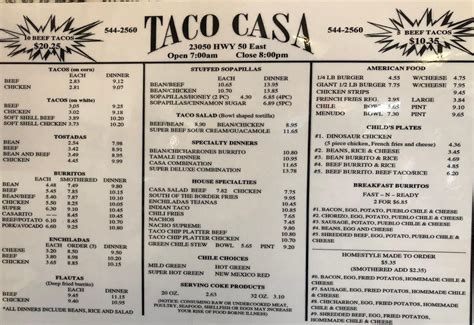 Taco casa pueblo menu. 4.5 (41). Rate your experience! $ • Mexican. Hours: 7AM - 8PM. 2450 Santa Fe Dr, Pueblo. (719) 542-1600. Menu Order Online. 