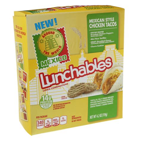 Taco lunchable. Lunchables Ham & American Cheese Cracker Stackers Kids Lunch Snack, 3.4 oz Tray. 435. $ 182. 53.5 ¢/oz. Lunchables Turkey & American Sliced Cheese Cracker Stackers Kids Lunch Snack, 3.4 oz Tray. 544. $ 424. 28.8 ¢/oz. Lunchables Uploaded Ultimate Deep Dish Pepperoni Pizza Kids Lunch Meal Kit, 14.7 oz Box. 