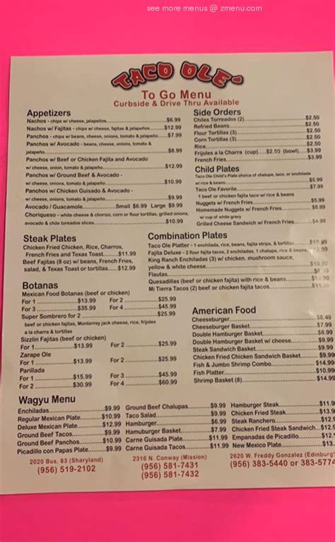 Taco ole sharyland menu. We offer a daily lunch buffet or choose any of our great selections from our extensive menu! We are Sharyland Taco Ole’ , located at 2020 E Business 83 in Mission ... 