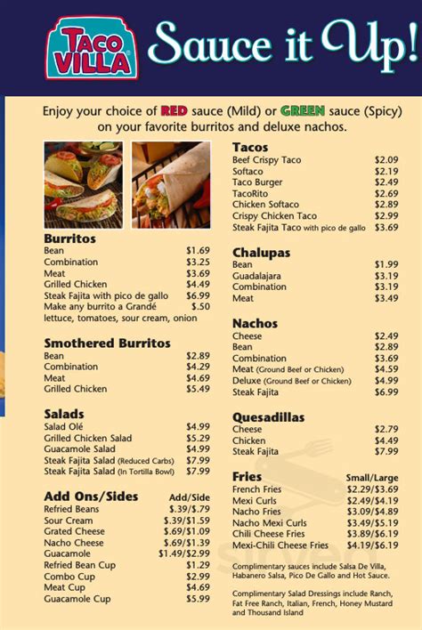 Taco villa clovis menu. Taco Villa is a Fast food restaurant located at 3520 N Prince St, Clovis, New Mexico 88101, US. The business is listed under fast food restaurant, restaurant category. It has received 576 reviews with an average rating of 4.3 stars. Their services include Outdoor seating, Drive-through, Takeout, Dine-in, Delivery . 