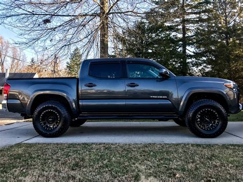 This 2019 Toyota Tacoma is running Method Grid 16x8 wheels, WildPeak AT3W WildPeak AT3W 265/75 tires with OEM Stock suspension, and needs No trimming and has No rubbing or scrubbing. As you can see from the pics this wheel and tire combo can be done!** With this 2019 Toyota Tacoma, the stance is Slightly Aggressive.. 