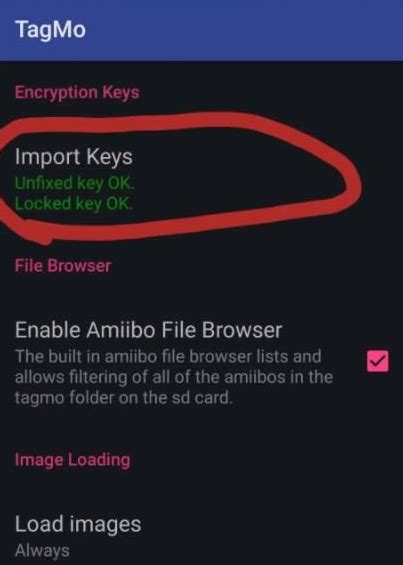 Tagmo keys download. put the files on your phone wherever you put your amiibo then. open Tagmo, go into settings in Tagmo. click just under where it says import keys. navigate to where you put those files on your phone. Reply reply 