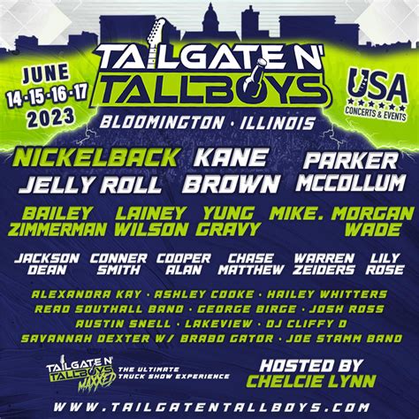 Tailgate and tallboys 2023. We found tickets for Bloomington, IL's Tailgate and Tallboys Festival taking place June 14-17. This year's country-heavy lineup includes Nickelback, Parker McCollum, Kane Brown, Lainey Wilson ... 